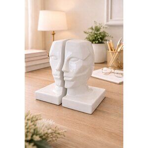 New Large White Modern Abstract Ceramic Face Bookend Set Art Nouveau Decor